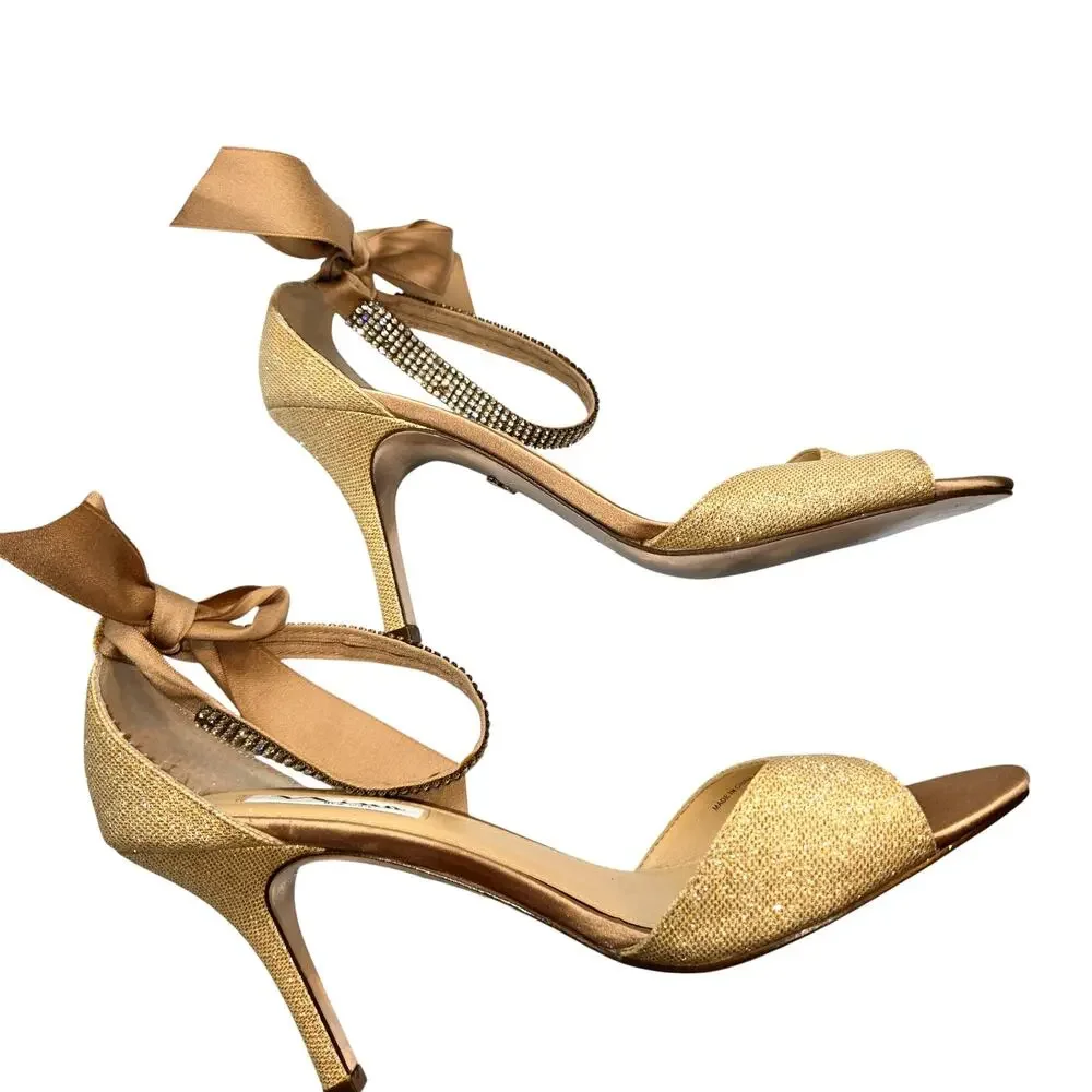 Nina 8  Gold Ribbon Bows Women's Sandal Shoe 3 1/2 Inch High Heel Sparkel - Picture 4 of 8